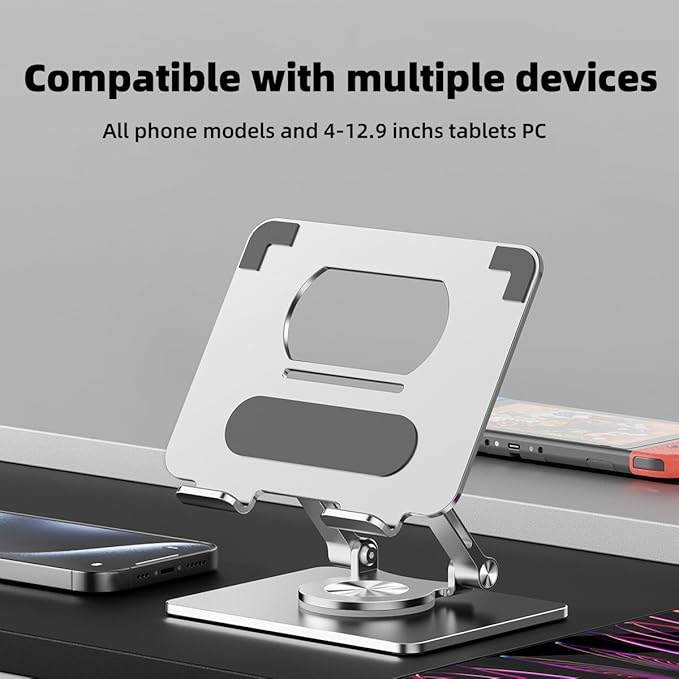 iPad Stand for Desk, Tablet Holder with Thickened 360° Rotating Base Dual Rod Adjustable Aluminum Stand for All 4-12.9’’ iPad Surface Samsung Phone Tablet Kindle E-Reader and More, Silver