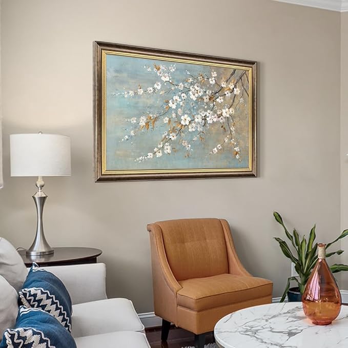 Rustic Floral Wall Art Framed: Large Rustic Flower Canvas Painting Gold Foil White Plum Tree Blossom Picture Vintage Hand-Painted Artwork for Living Room Bedroom Home Office