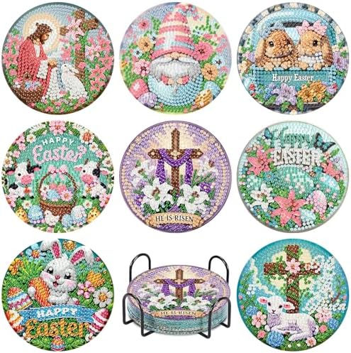 NEGEKFKX 8 Pcs Easter Diamond Art Painting Coasters Kits,Christianity Coaster with Holder for Adults, Non-Slip DIY Dot Paint Craft Kits,5D Full Drill DIY Diamond Dot Gem Art Kit Home Decor Arts Craft by NEGEKFKX