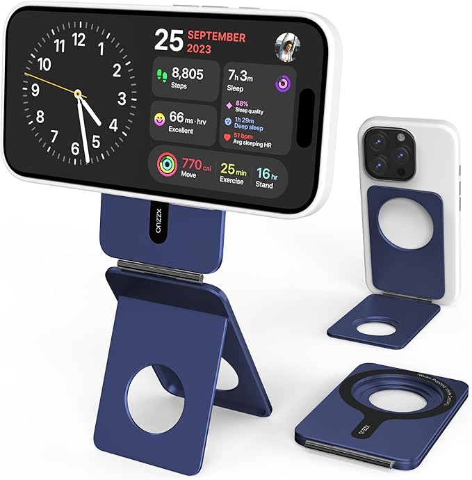 Cell Phone Stand,Adjustable Height and Angle Foldable Phone Holder for Desk, Aluminum Cell Phone Holder,Strong Magnetic Phone Stand Compatible with iPhone 16/15/14/13/12 Series (Navy Blue)