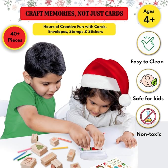 48 Piece Merry Christmas Craft Kit Wooden Stamp Set with Ink Pads Colored Pencils Stickers Cards Envelopes DIY Holiday Card Making Set for Kids Adults Classrooms Festive Family Fun