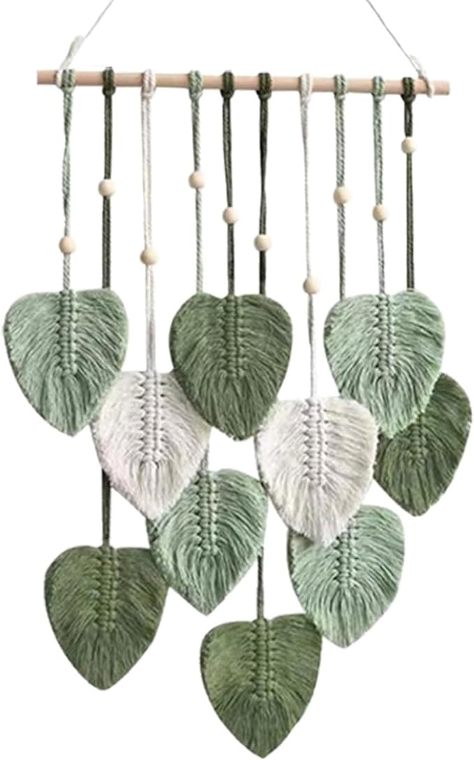 LB Macrame Wall Hanging Decor, Boho Chic Feather Wall Decor Macrame Photo Wall Hanging Handmade Yarn Woven Wall Art Green Leaf Tapestry for Bedroom Living Room Nursery Office Backdrop, 16x35 Inch