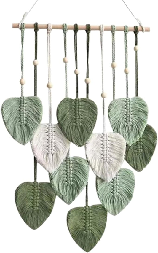 LB Macrame Wall Hanging Decor, Boho Chic Feather Wall Decor Macrame Photo Wall Hanging Handmade Yarn Woven Wall Art Green Leaf Tapestry for Bedroom Living Room Nursery Office Backdrop, 16x35 Inch
