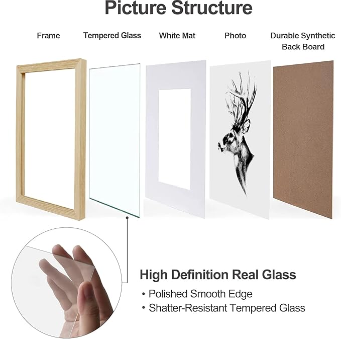 Yaetm 11x14 Wood Picture Frame with Mat for 8x10 Set of 4, Natural Solid Oak Wood 11x14 Frame with Tempered Glass for Horizontal and Vertical Wall Mounting (4 pack, Oak)