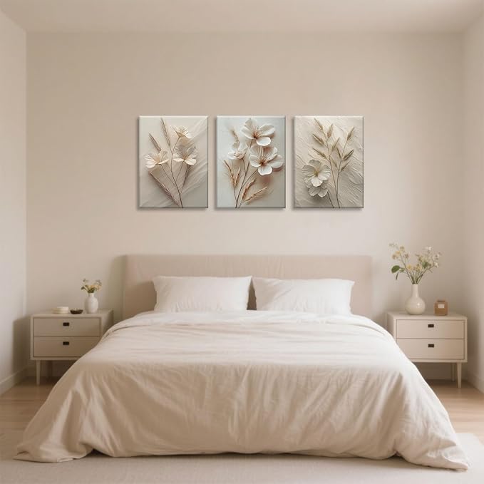 TUEASKY 3 Piece Canvas Wall Art Beige Wall Decor Floral Pictures Flower Art Prints Neutral Botanical Paintings Minimalist Artwork For Bedroom Living Room Office