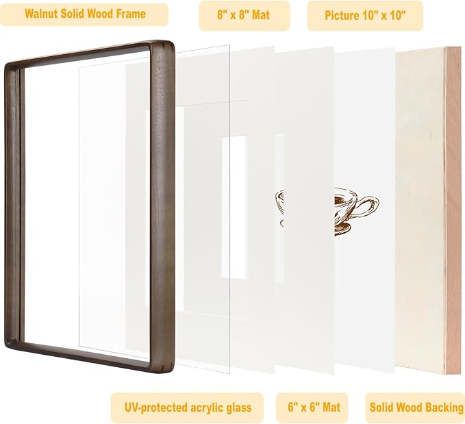 HELPLEX 10x10 Square Picture Frame – 2 Pack Solid Walnut Wood with Real Wood Back & HD Tempered Glass, Fits 6x6 or 8x8 Matted & 10x10 Unmatted Photos, Wall or Tabletop Display