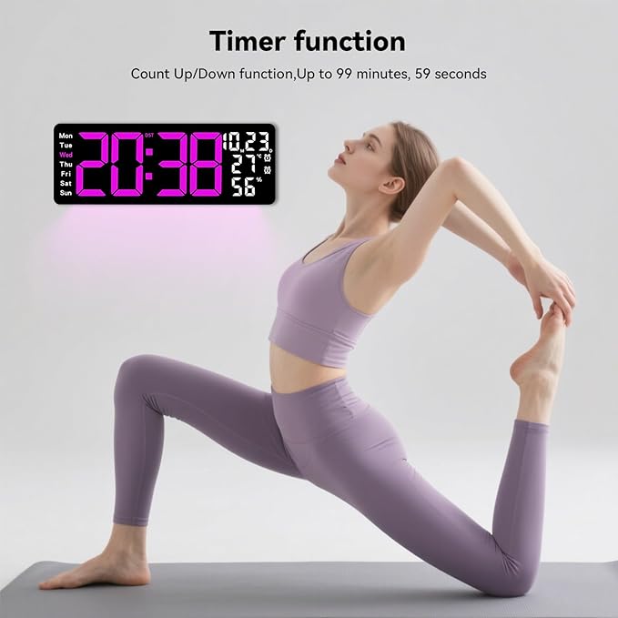 Digital Wall Clock Large Display, 17.3" Digital Clock with RGB Color Remote Control, Auto-Dimming Big Wall Clock with Night Light,Auto DST,Date Week,Temp for Home Decoration, for Elderly (Rose red)