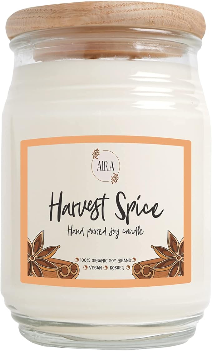 Aira Soy Candles - Organic, Kosher, Vegan, in Farmhouse Jar w/Essential Oils - Hand-Poured 100% Soy Candle - Double Wick, Paraffin Free, Burns 150+ Hours - Fall Candle - Harvest Spice - 20 Ounces