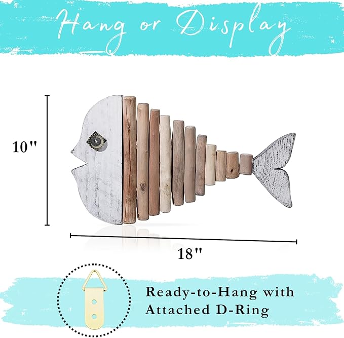 Mint Bucket Brands Driftwood Fish Nautical Wall Decor - 18" x 10" Handmade Wooden Rustic Coastal Wall Art for Living Room, Bedroom, Office, Bathroom - Ocean Beach Decoration (Opal)