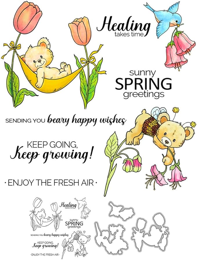 Spring Flower Bear Stamps and Cutting Dies for Card Making DIY Transparent Silicone Clear Stamp and Metal Die Cuts Sets for Scrapbooking Paper Greeting Cards Decor Seals Craft Supplies