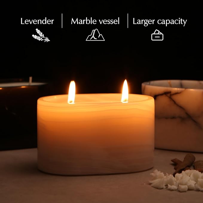 Scented Luxury Candles in Handmade Marble Container, Soy Wax | Large Candle | Non Toxic, 2 Wicks, Reusable Alabaster Stone Jar | Natural Spring Aromatherapy for Women & Men