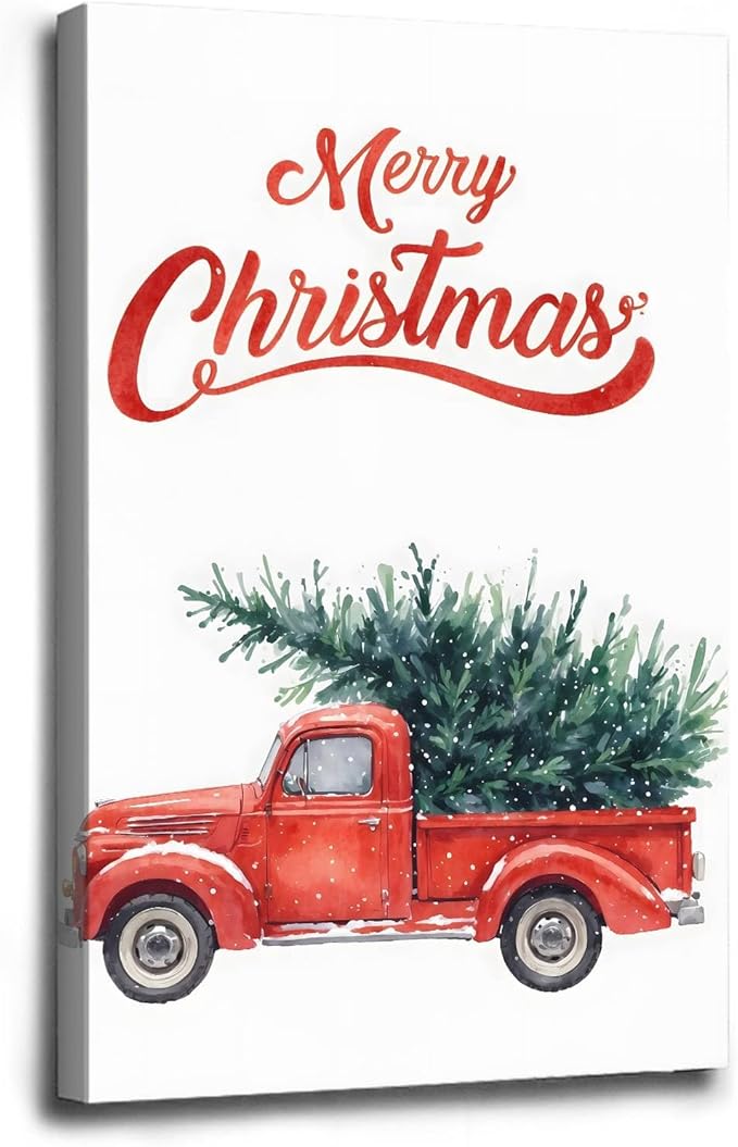 Framed Canvas Wall Art Christmas Truck Print Red Vintage Pickup Truck Christmas Tree Home Decor Holiday Wall Art Watercolor Painting 20x30in Wood Framed