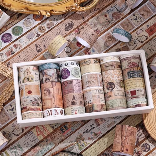 34 Rolls Vintage Washi Tape Set,Letter Map Stamp Stripe Literature Art Writable Aesthetic Washy Decorative Tapes for Scrapbooking, Junk Journal Supplies, Bullet Journaling 5-50mm Wide (3m Long)/Roll - Image 5