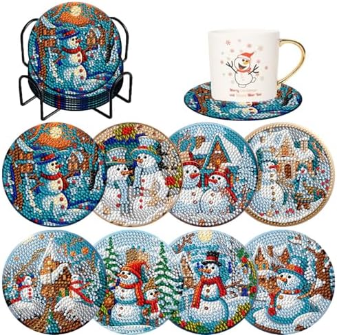 8 Pieces Christmas Snowman Diamond Coasters with Holder DIY Cute Christmas Snowman Diamond Art Coasters for Beginners Adults for Christmas by Demonwer