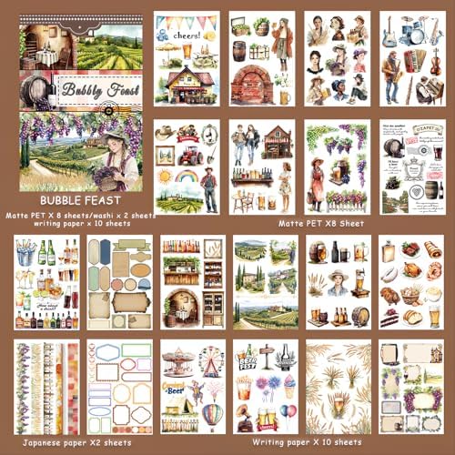 Snycler Sticker Book - 20 Sheets Vintage PET Stickers for Scrapbooking, Junk Journaling, Ephemera, and Decorative Crafts-Bubbly Feast - Image 6