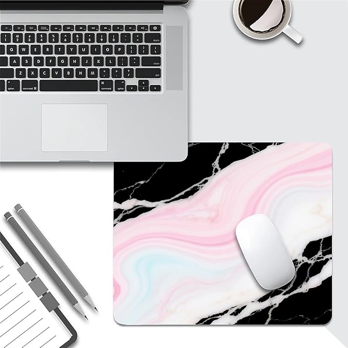 Square Mouse Pad Black Pink Marble, Personalized Premium-Textured Custom Mouse Mat Design, Washable Mousepad Cloth, Non-Slip Rubber Base Computer Mouse Pads for Wireless Mouse