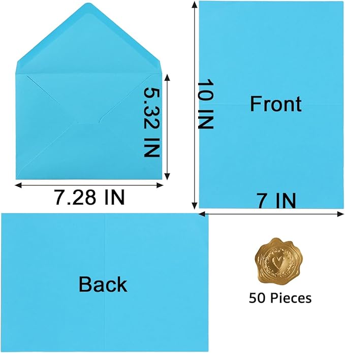 50 Pack A7 Colorful Envelopes with 5x7 Blank Heavy Colored Folded Cardstock and Gold Stickers for Greeting Cards, Wedding, Birthday Party, Baby Showers, Invitations (5x7)