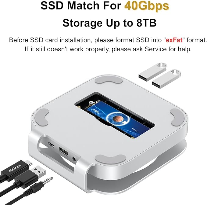 40Gbps USB4 Hub & Stand for Mac mini M4/M4 Pro, All-Aluminum Docking Station with 40Gbps M.2 SSD (NVMe PCle) Enclosure, 3*USB 2.0, 3.5mm Audio, USB4 Host | Mac mini M4 USB-4 Dock