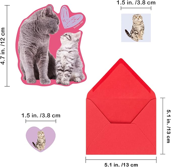 48 Sets Valentine's Day Cards Scratch & Sniff Strawberry Scented Valentine Cards Cat Kitten Pet Love Cards with Envelopes and Heart Stickers Tattoo for Kids Party Favor School Classroom Gift Exchange