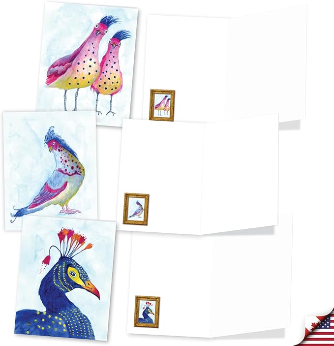 The Best Card Company 20 Assorted Blank Notecards Bulk Box Set 4 x 5.12 Inch with Envelopes (10 Designs, 2 Each) Funky Birds AM11015OCB-B2x10