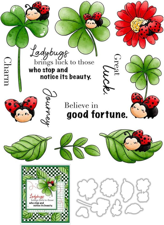 Ladybug Four-Leaf Clover Stamps and Cutting Dies for Card Making DIY Transparent Silicone Clear Stamp and Metal Die Cuts Sets for Scrapbooking Paper Greeting Cards Decor Seals Craft Supplies
