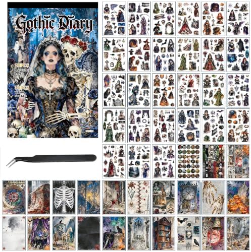 Dark Aesthetic Gothic Stickers, 500+ Pre-Cut Washi Stickers 20 Scrapbook Papers Horror Decals for Junk Journal Supplies, Vintage Rose Washi Sticker Book for Adults Planner Laptop Collage Journaling by Ahmagen