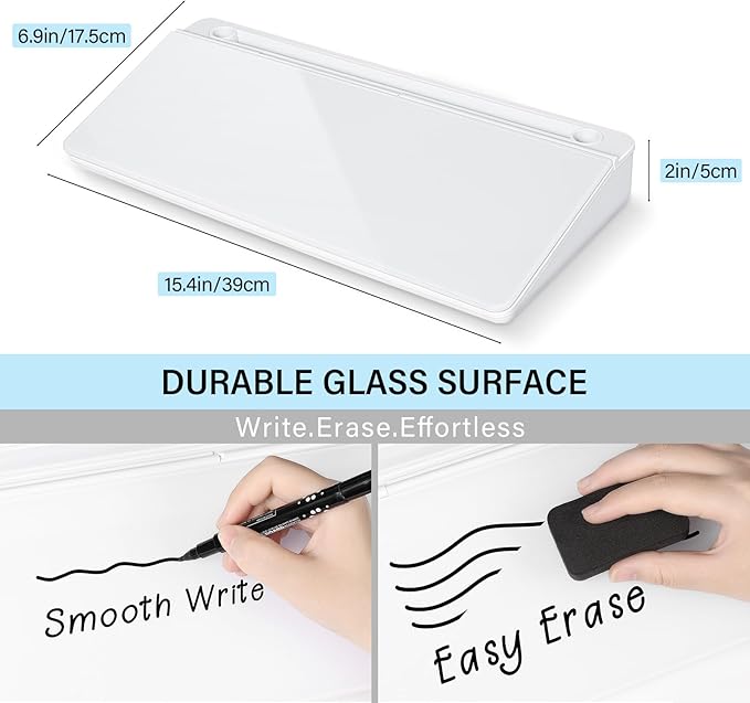 Glass Desktop Whiteboard with Storage 15" x 7" Desk Dry Erase Board with Marker & Eraser Compact Desk Organizer Computer Keyboard Stand Desk Board Buddy for Office, Home, School