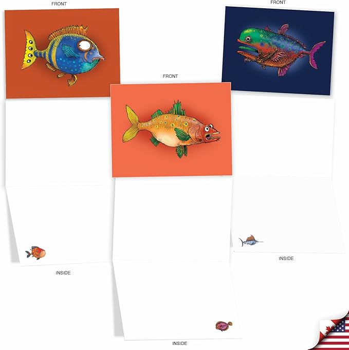 The Best Card Company - 10 All Occasion Blank Cards for Men and Women (4 x 5.12 Inch) - Nautical, Ocean, Sea Life Assortment of Notecards - Fishtoons M6491OCB