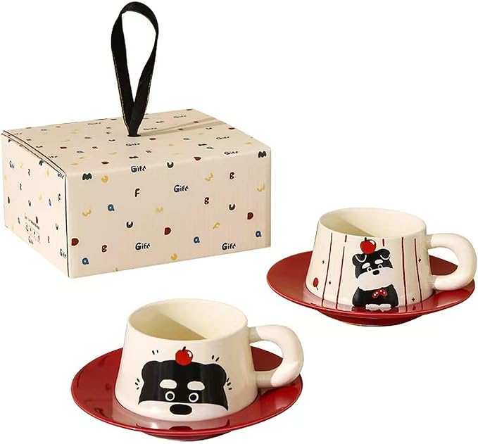 Cute Dog Couple Cup with Thick Grip, Ceramic Coffee Mug with Spoon, Gifts Suitable for Birthdays, Christmas, Halloween and Family Gatherings (Pinstripe)