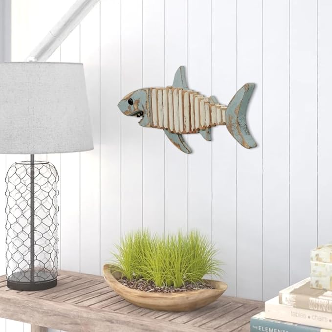 Mint Bucket Brands Driftwood Fish Nautical Wall Decor - 17" x 6. 5" Handmade Wooden Rustic Coastal Wall Art for Living Room, Bedroom, Office, Bathroom - Ocean Beach Decoration (Raya)
