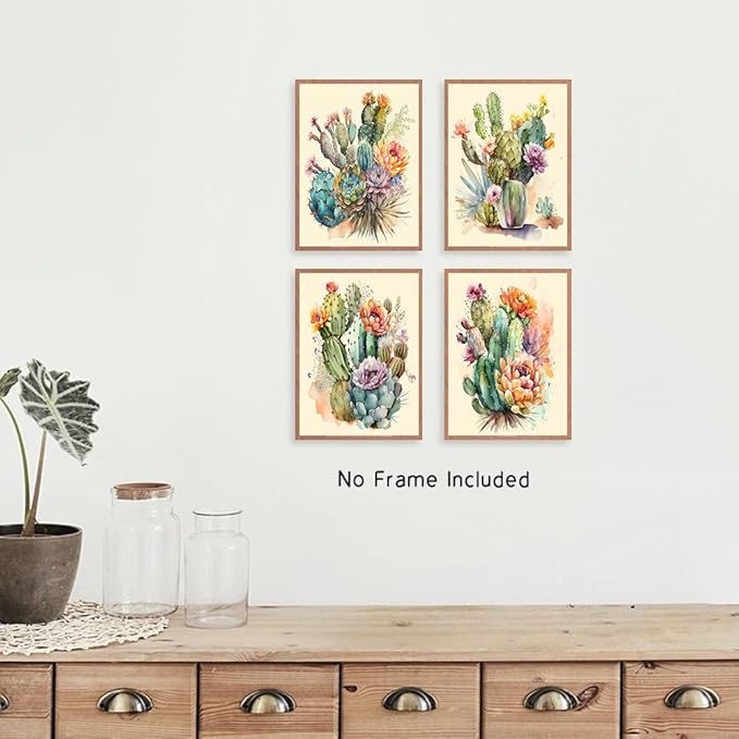 Cactus Posters, Canvas Wall Art Cactus Decor,Cacti Botanical Prints,Green Flowers and Plants Bathroom Poster Printing Women's Apartment Office Fashion Gift (8x10 inch，Set of 4，Unframed)