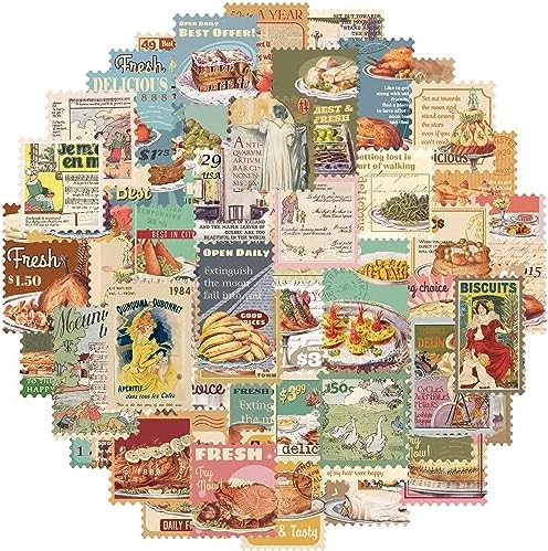 Prstincol 100 Pcs Scrapbooking Stickers,Food Stickers for Scrapbooking,Vintage Stamp Sticker for Journaling,Retro Poster Sticker for Water Bottle Laptop Phones Bullet Journal by PRSTINCOL
