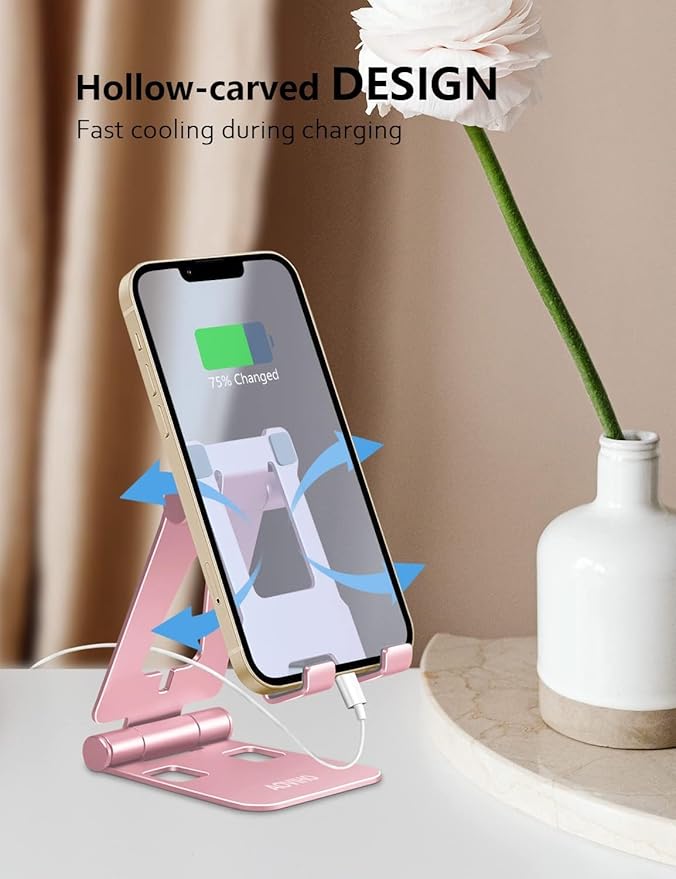 Cell Phone Stand for Desk, Adjustable Desktop Phone Holder Stand, Foldable Moblie Phone Dock for iPhone17 16 15 14 13 12 11 Pro Xs Max Xr X 8 7 6 5 5s SE Nintendo Switch All Phones, Rose Gold