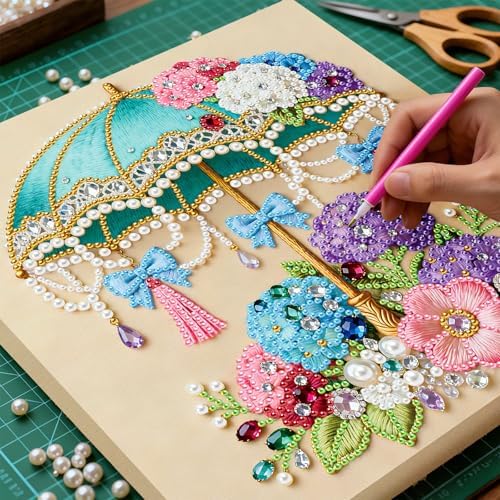 ARTopet DIY Pearl Painting Kit with Frame Gemstone Pearl Diamond Dots Beads Canvas Art Craft for Adult Beginners Display for Tabletop and Wall Mounting Home Decor-Umbrella - Image 6