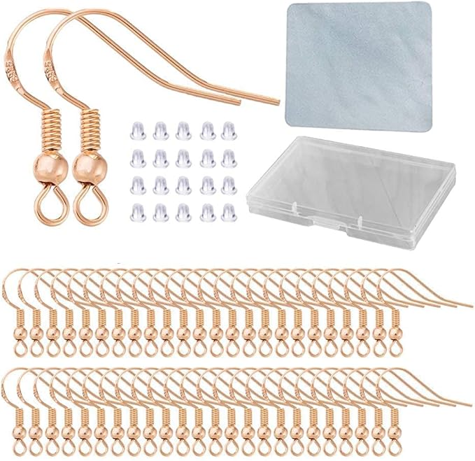 Rose Gold Earring Hooks - 120 PCS/60 Pairs Hypo-allergenic Rose Gold Plated Ear Wires Fish Hooks for Jewelry Making, Jewelry Findings Parts with 120 PCS Rubber Earring Backs Stopper for DIY Earrings