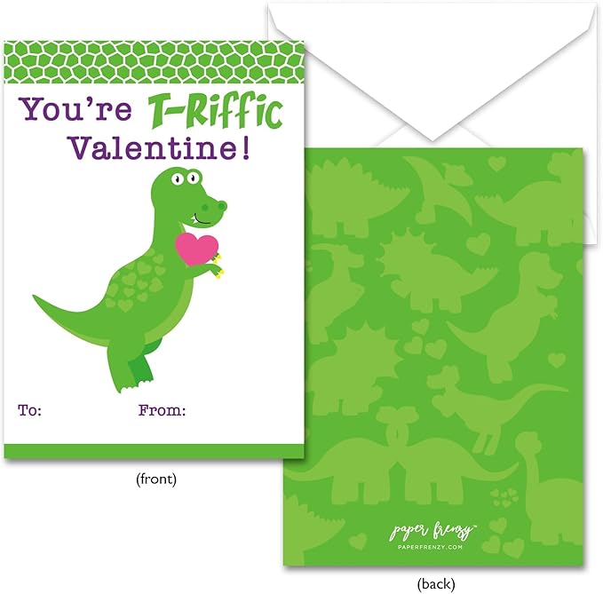 Paper Frenzy Dinosaur Themed Valentine Cards WITH ENVELOPES - 25 pack