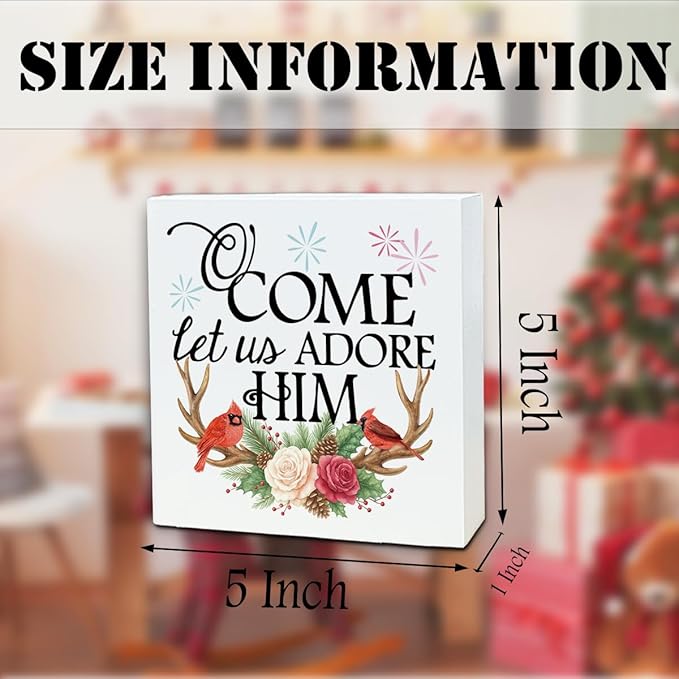 Christmas Wooden Desk Decor, Come Let Us Adore Him Wooden Box Sign, Cardinal Birds and Floral Antler Design, Christmas Home Plaque for Living Room Bedroom Decor 5x5 Inches