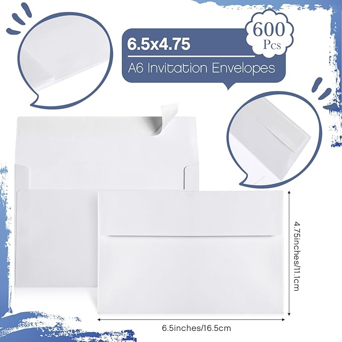 Fainne 600 Pcs White Envelopes Self Adhesive Printable Envelope Bulk for Invitation, Wedding, Baby Shower, Photography, Thank Note, Postcard, Greeting Card, Mailing, Graduation (A6 4.75 x 6.5 Inch)