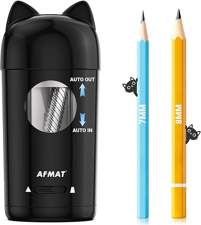 AFMAT Electric Pencil Sharpener, Fully Automatic Pencil Sharpener for Kids, Auto in & Out, for φ7-8mm No.2/Colored Pencils, Rechargeable & Cordless, Cute Cat Pencil Sharpeners for Classroom Home PSX9