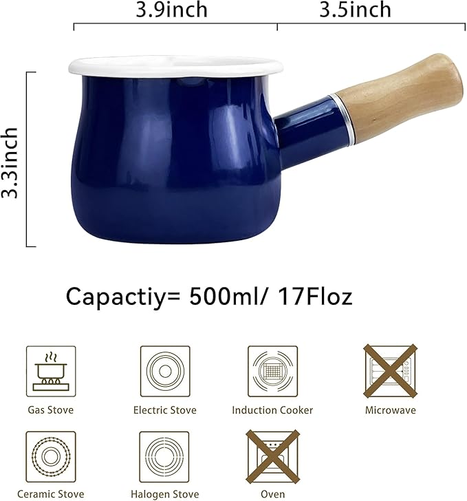 Enamel Milk Pot, Small Saucepan Milk Pot Butter Warmer 4 Inch 17 Oz Enamel Small Sauce Pan with Wooden Handle, Perfect Size for Heating Smaller Liquid Portions. (Blue）