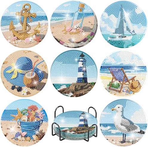 askkqtx 8 Pcs Beach Diamond Art Coasters Kits with Holder 4X4 Inch by askkqtx