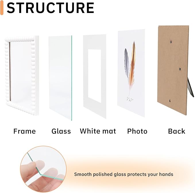 5x7 Picture Frame Set of 4, White Beaded Photo Frames Display Pictures 5x7 without Mat, Multi Photo Frames Collage for Wall or Tabletop Decor