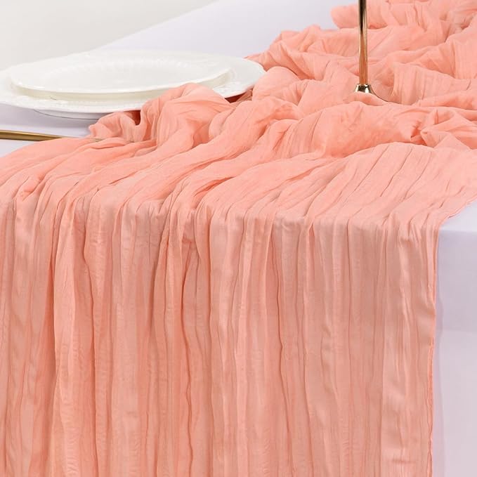 Socomi 6pcs Coral Peach Valentine's Day Cheesecloth Table Runner Boho Rustic Gauze 120 inch 10FT Cheese Cloth Runner for Wedding Party Baby Shower Birthday Home Decor Holiday Decorations