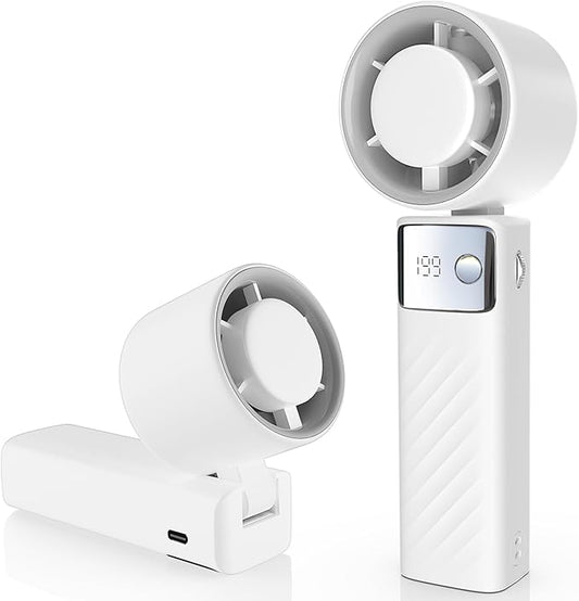 Portable Handheld Turbo Fan - Foldable Mini Fan with Air Turbo Tech, 1-199 Speed Adjustment, 20H Runtime, LED Display, Battery-Powered for Indoor/Outdoor Use Light White