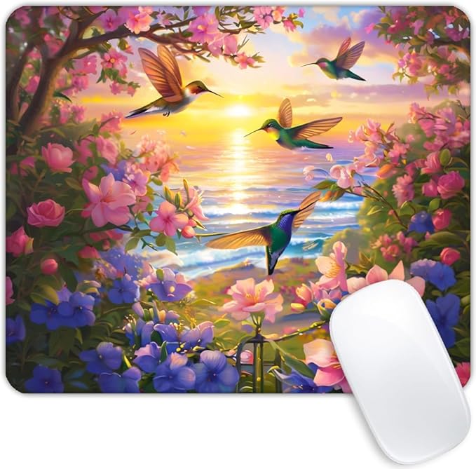 Square Mouse Pad Flower Hummingbird,Gaming Mouse Pads for Desk,Soft Computer Waterproof Non-Slip Mouse Mat