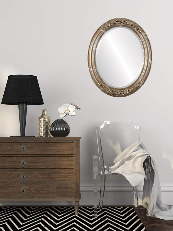 OVALCREST Oval Beveled Wall Mirror for Home Decor - Florence Style - Champagne Silver - 24" x 20"