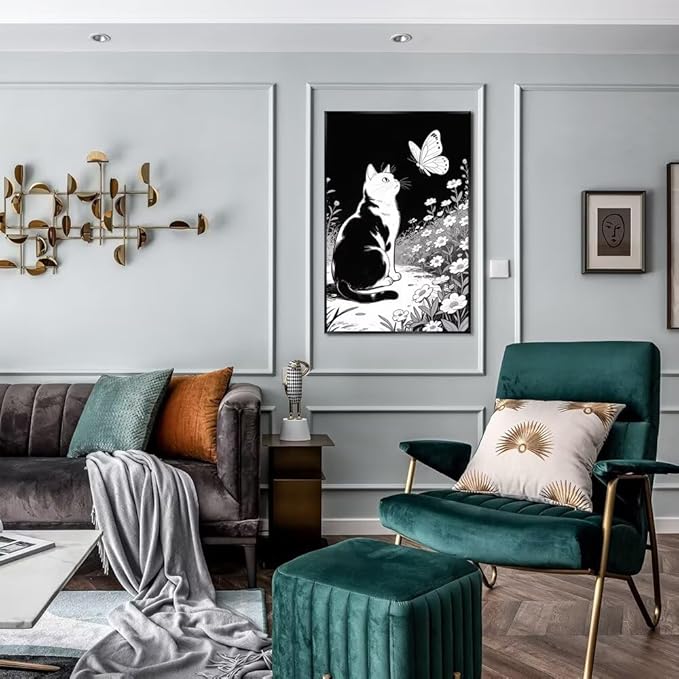 Cats Butterflies in Flowers Canvas Poster Vintage Minimalist Nature Wall Art Trendy Black White Aesthetic Painting Prints Modern Animal Home Decor for Bedroom Living Room 20x30inch Metal Black Framed