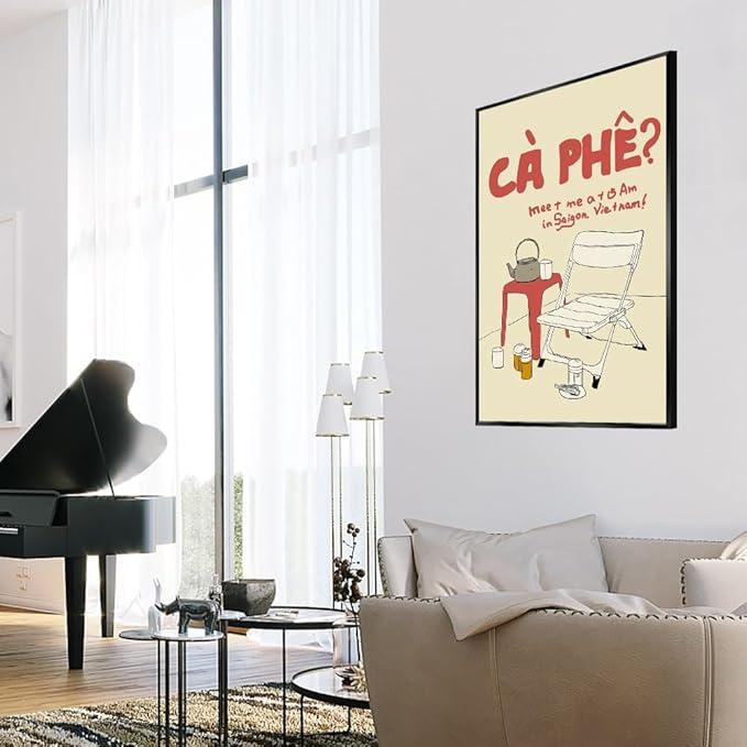 Metal Black Frame Vintage Vietnamese Coffee Culture Wall Art Outdoor Folding Chair Tea Set Canvas Poster Meet Me At 5 Am In Saigon Vietnam Print Minimalist Decor for Living Room Decoration 8x12inch
