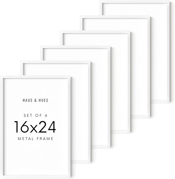 HAUS AND HUES 16x24 White Aluminum Frame Set of 6 - Vertical & Horizontal Hanging, Shatterproof Plexiglass (16x24 in, White)