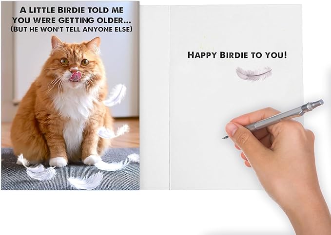 Funny Birthday Cat Card for All, Women, Men, Mom, Dad, Sister, Brother and Friends, Cat Photo Card with envelope and Free Note Card including the Little Birdie who won't tell